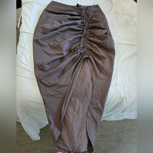 JLUXLABEL Asymmetrical Ruched Skirt in Taupe